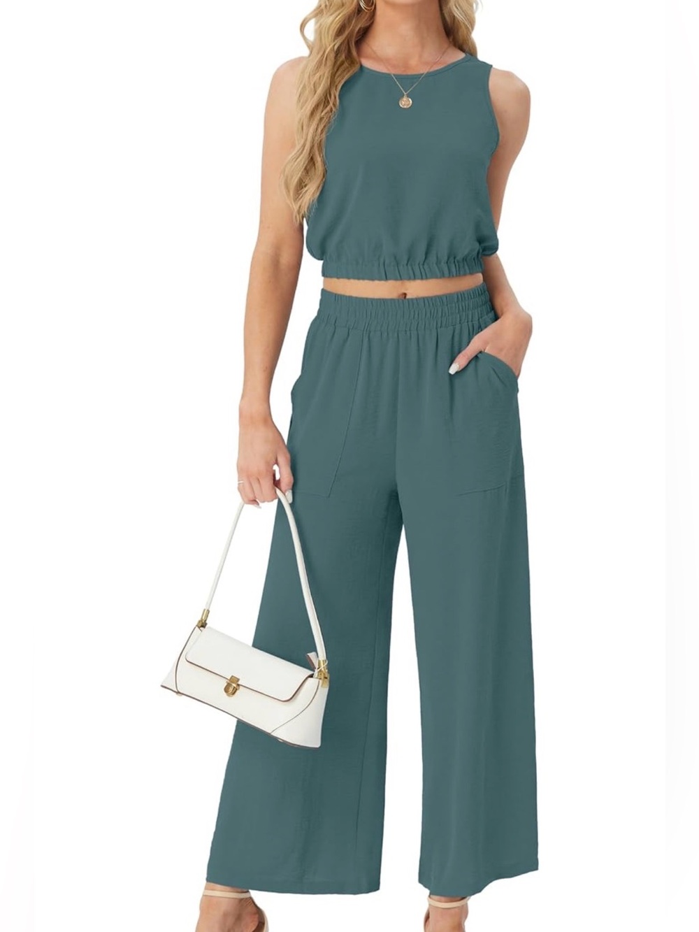GRECERELLE 2 Piece Set Sleeveless Crop Top Wide Leg Pants XL Gray Blue Green